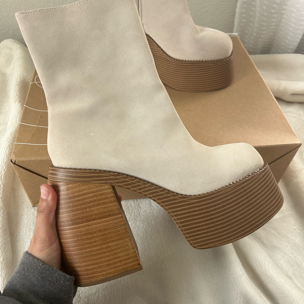 Cream Platform Suede Boots